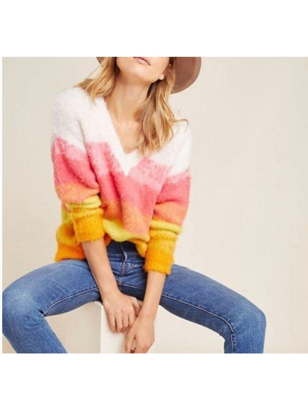 Anthropologie Womens XS Oversized Fuzzy Multicolor Simone Striped V Neck Sweater